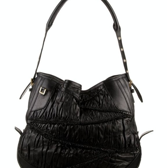 Burberry Black Lambskin Leather Pleated Hobo Bag Gold Hardware Detachable Strap - Picture 3 of 16